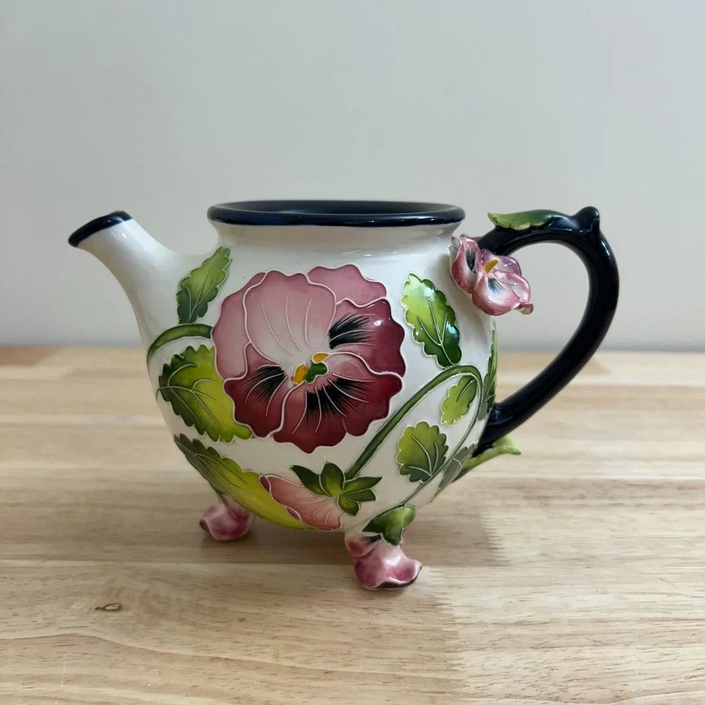 Blue Sky J‎ McCall 2005 Pansy Floral Ceramic Footed Teapot 3D